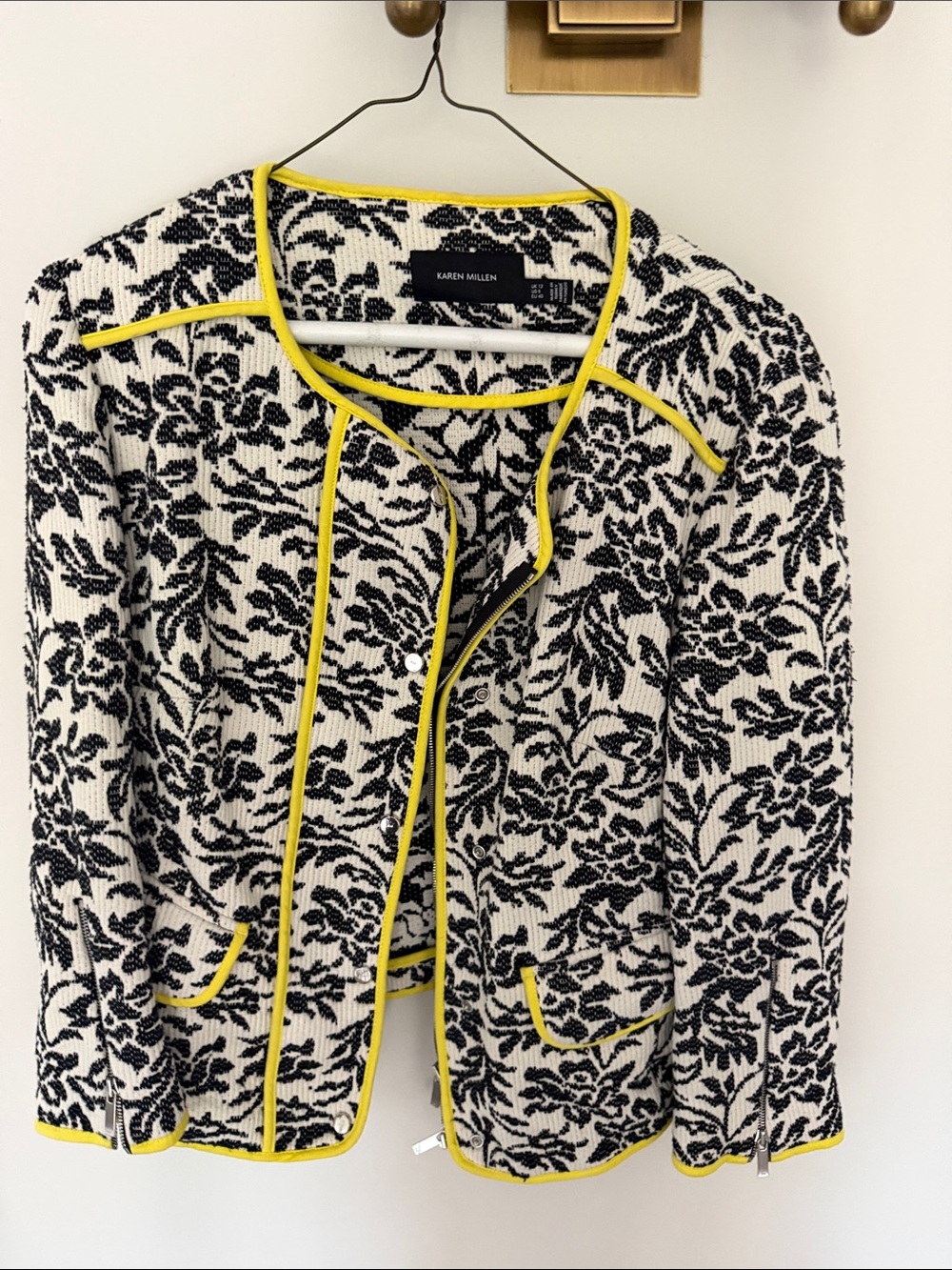 Karen Millen Black & White Floral Knit Jacket with Yellow Trim